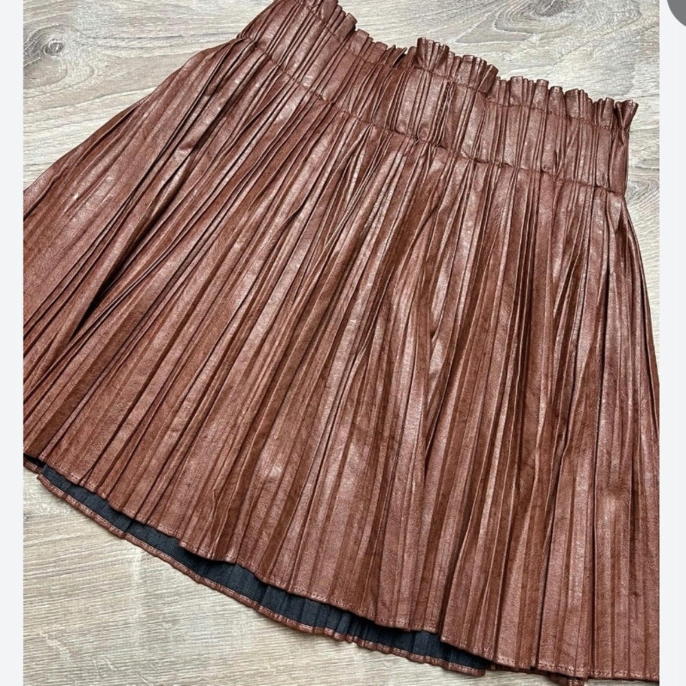Mustard Seed Pleated Faux Leather Mini Skirt